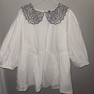 Elegant White Blouse with Black Lace Collar